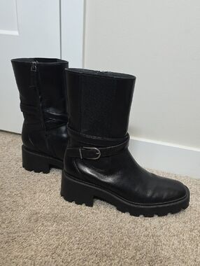 Sarto Women's Black Leather Mid-Calf Buckle Boots 8